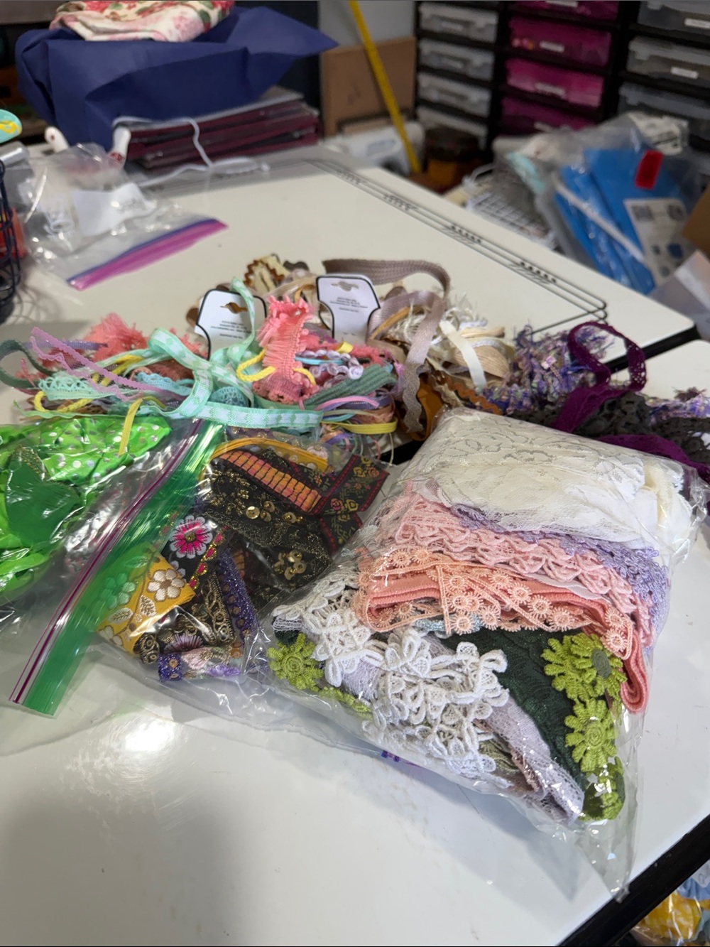 Lot of 96 Yards of Ribbon and Trims in a Variety of Colors